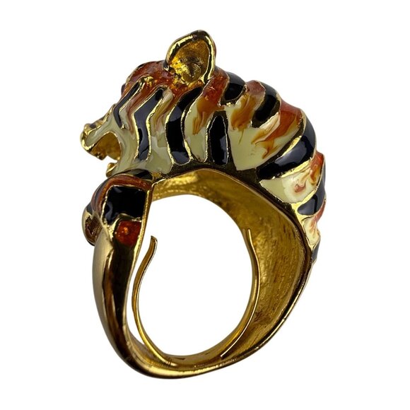 Vintage GKJ Enamel Gold Tone Adjustable Tiger Statement Ring Intricate Design - Picture 2 of 5